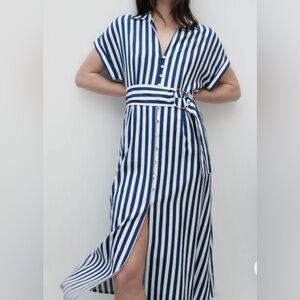 Zara Blue & White Striped Linen/Cotton Blend Dress - Size L 💙🤍